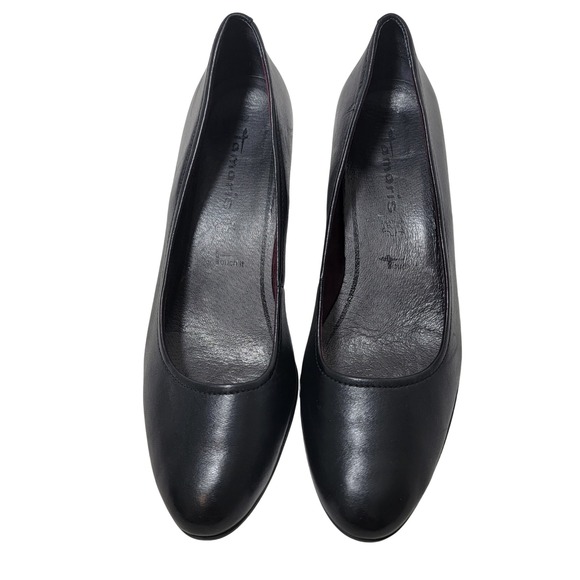 Tamaris Black Leather Round Toe Block 3" Heel Pumps Touch It Footbed EU 42 US 10 - Picture 3 of 15